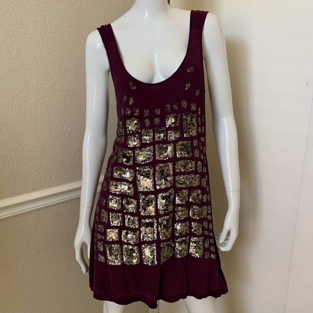 Babakul Maroon Sleeveless Gold Sequin Dress Sz S